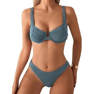 SweatyRocks Ribbed Underwire Bikini Set Dark Green Polyester High Cut Small